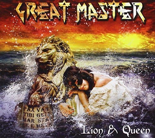CD cover: lion, kneeling woman, and stormy ocean sunset scene.