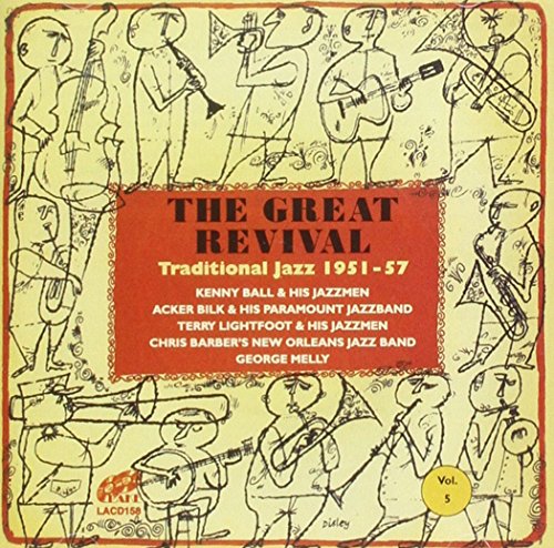 "Album cover with cartoon jazz musicians and red title box on yellow background."