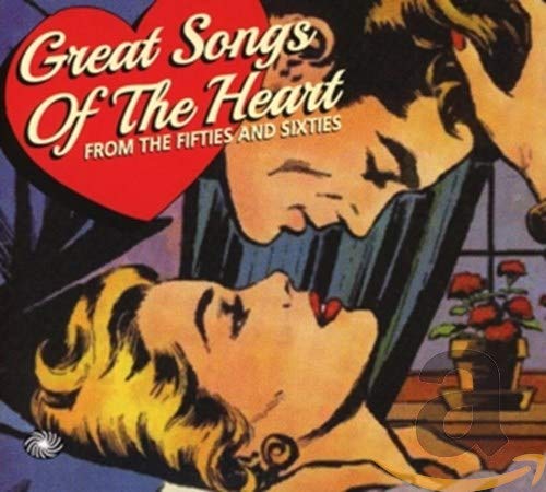 CD cover with illustrated couple embracing, red heart, and floral arrangement.