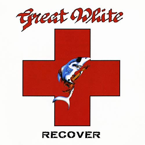 Great White "Recover" CD cover: red cross with shark and guitar.