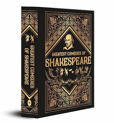 Black hardbound book with gold decorative filigree, Shakespeare portrait, and gold embossed lettering.