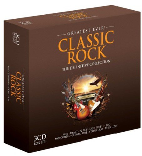Brown 3CD box set for “Greatest Ever! Classic Rock” with musical imagery.