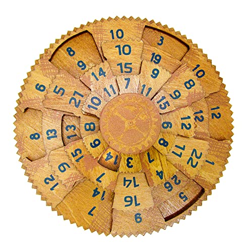 Circular wooden puzzle with interlocking gear-shaped pieces featuring printed blue numbers.