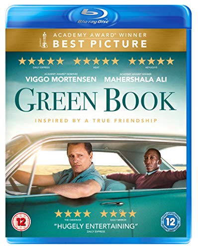 Blu-ray cover for Green Book featuring Viggo Mortensen and Mahershala Ali in a car.