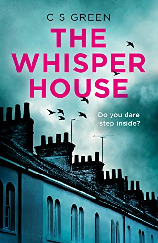 Book cover: dark house rooftop with silhouetted birds, pink title text.