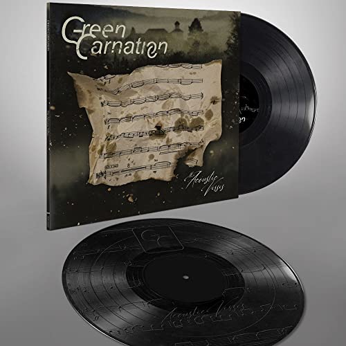 Vinyl record and cover art featuring sheet music and dark landscape.