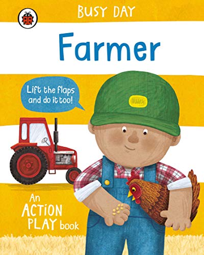 A farmer in overalls holding a chicken next to a red tractor on yellow background.