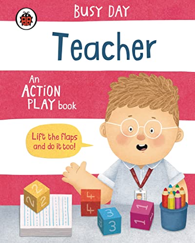 Children's book cover depicting a smiling teacher with colorful blocks and pencils.