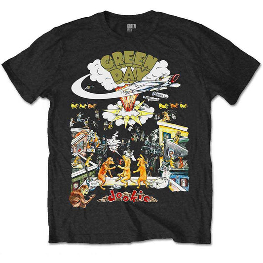Black t-shirt with colorful Green Day “Dookie” tour graphic print.