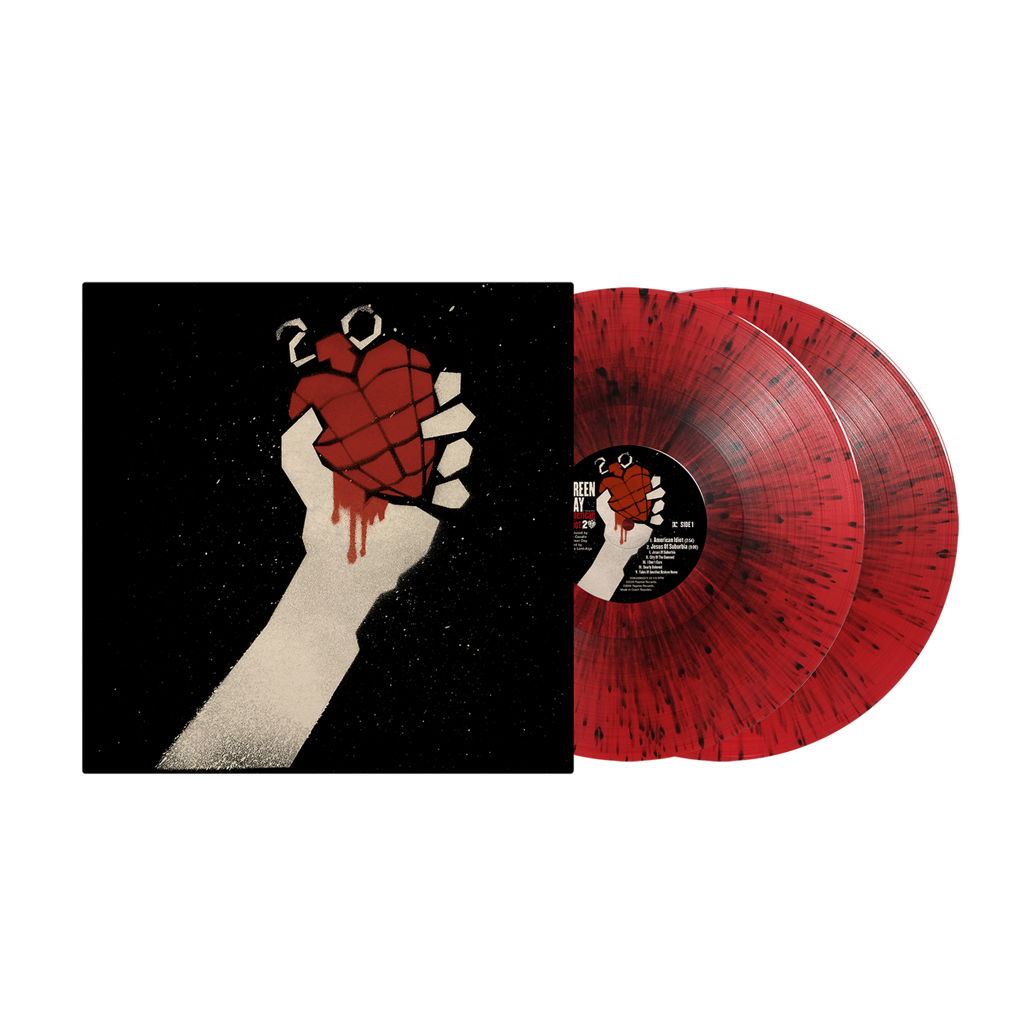 “American Idiot” 20th anniversary vinyl record with red and black splatter discs.