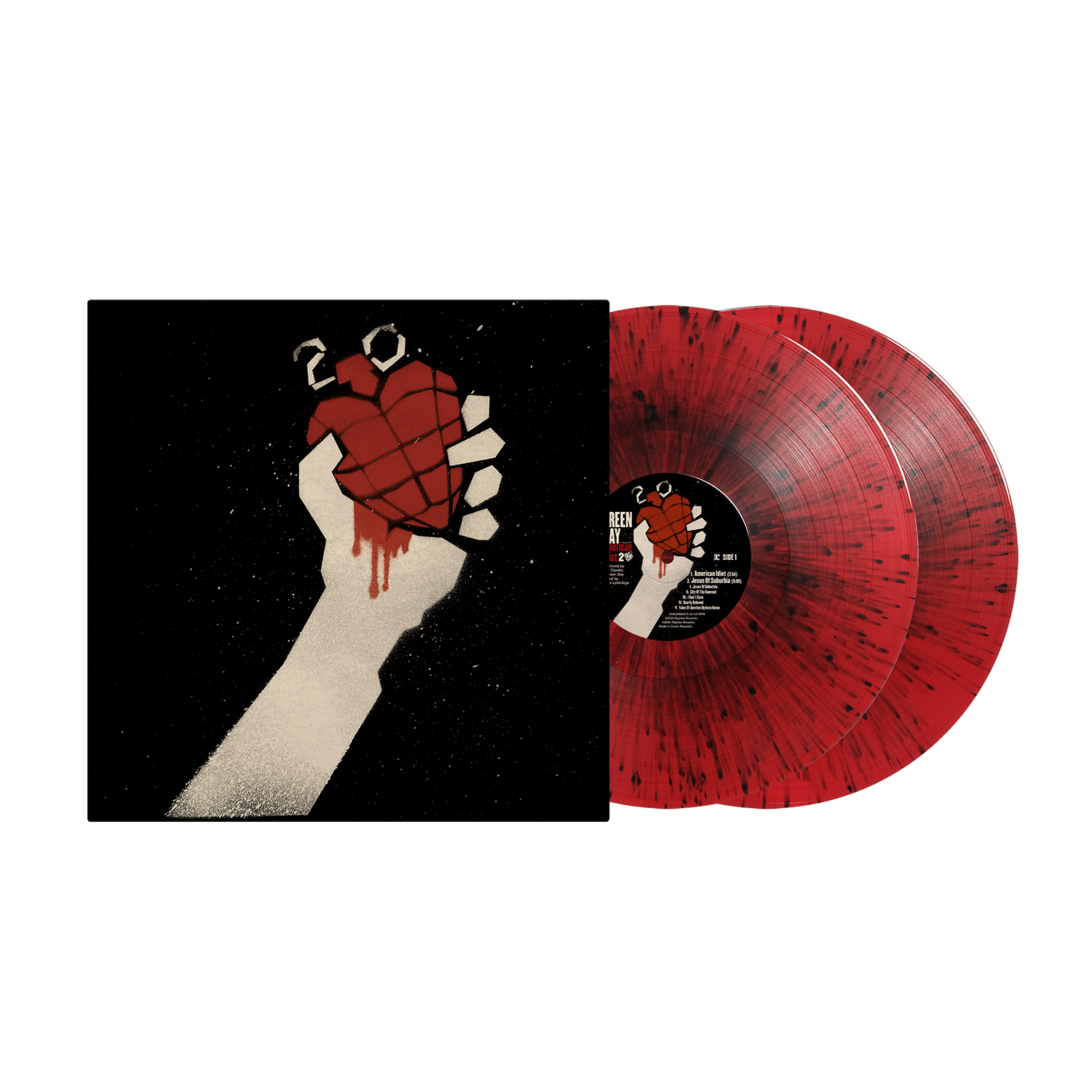 “American Idiot” 20th anniversary vinyl record with red and black splatter discs.