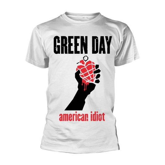 White t-shirt with Green Day’s “American Idiot” heart and fist logo.