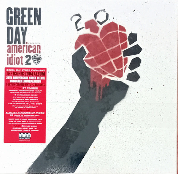 Green Day’s “American Idiot” vinyl album cover with a raised fist and heart.