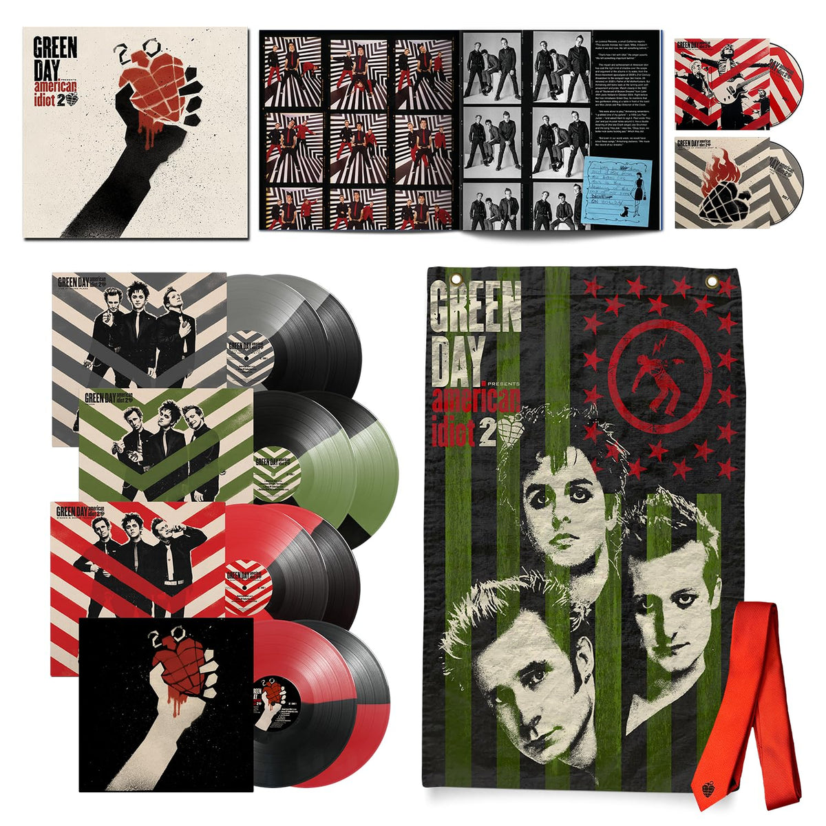 Green Day American Idiot vinyl box set including records, photo book, and fabric banner.