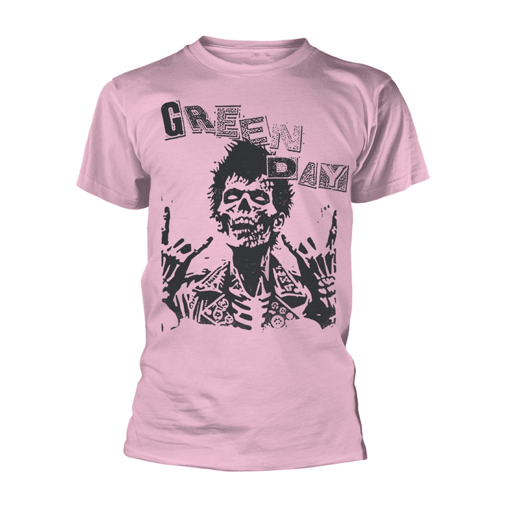 Pink t-shirt with black graphic of a zombie and “GREEN DAY” text.