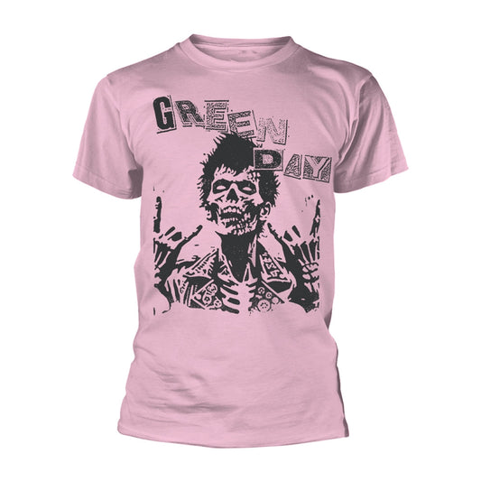 Pink t-shirt with black graphic of a zombie and “GREEN DAY” text.