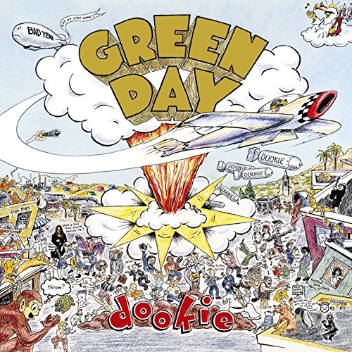 Illustrated album cover for Green Day's Dookie featuring a chaotic cartoon scene with explosions.