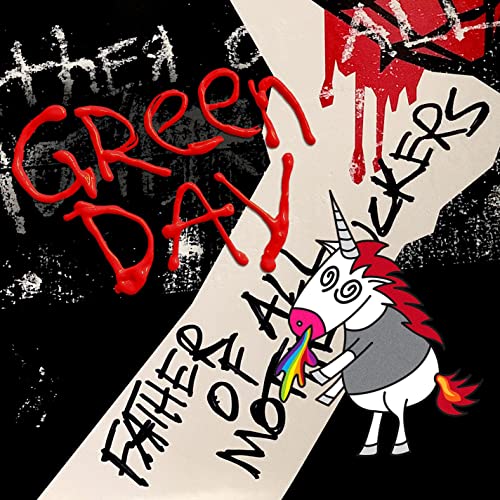 Green Day “Father of All…” vinyl album cover with unicorn illustration.