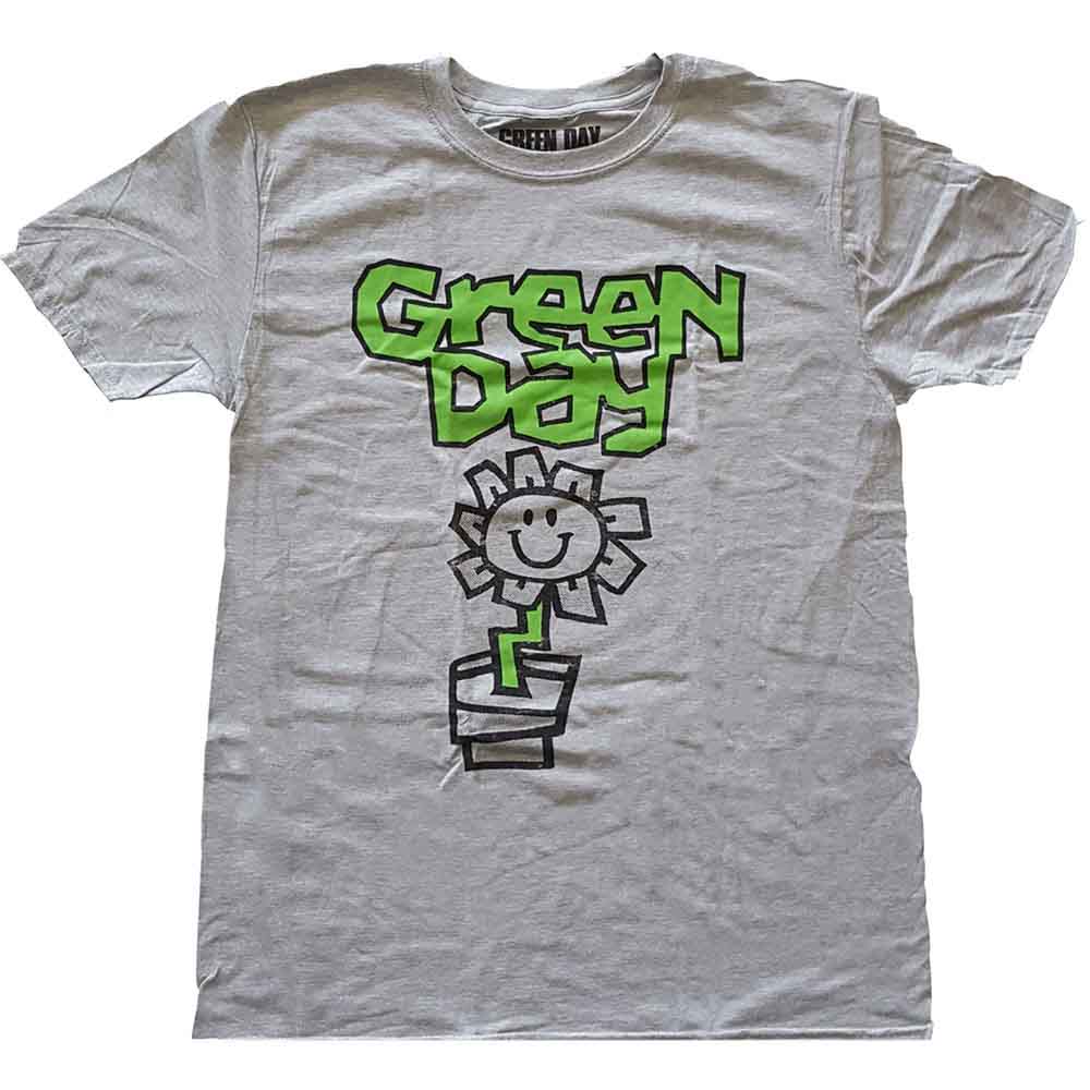 Grey t-shirt with green and black graphic of a flower in a pot.