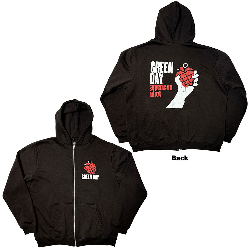 Green zipped hoodie with “American Idiot” album art on the back, size XX-Large.