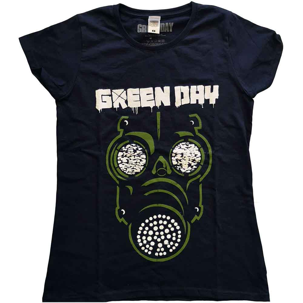 Navy blue Green Day t-shirt with a green mask graphic, worn by a woman.