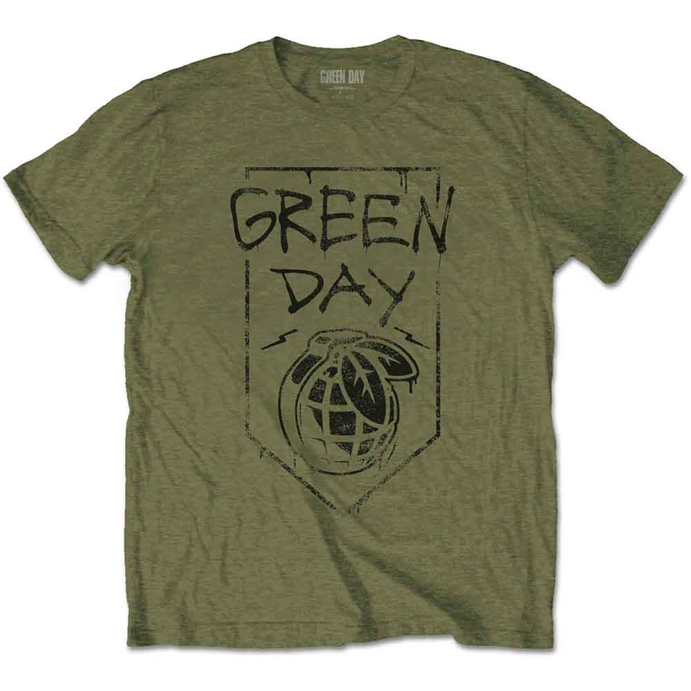 Olive green t-shirt with distressed Green Day logo and grenade graphic.