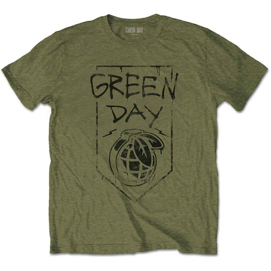 Olive green t-shirt with distressed Green Day logo and grenade graphic.