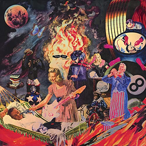 Surreal collage album cover for Green Day’s “Insomniac” with fire and figures.