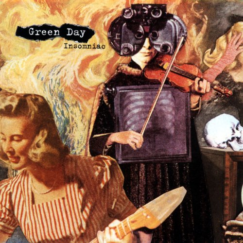 Collage album art featuring a woman playing guitar, a figure with goggles, and skull.