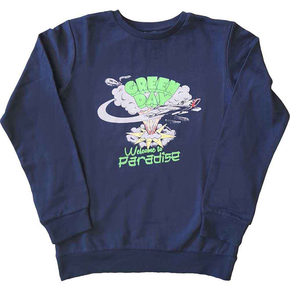 Grey Green Day sweatshirt with airplane and “Welcome to Paradise” graphic.