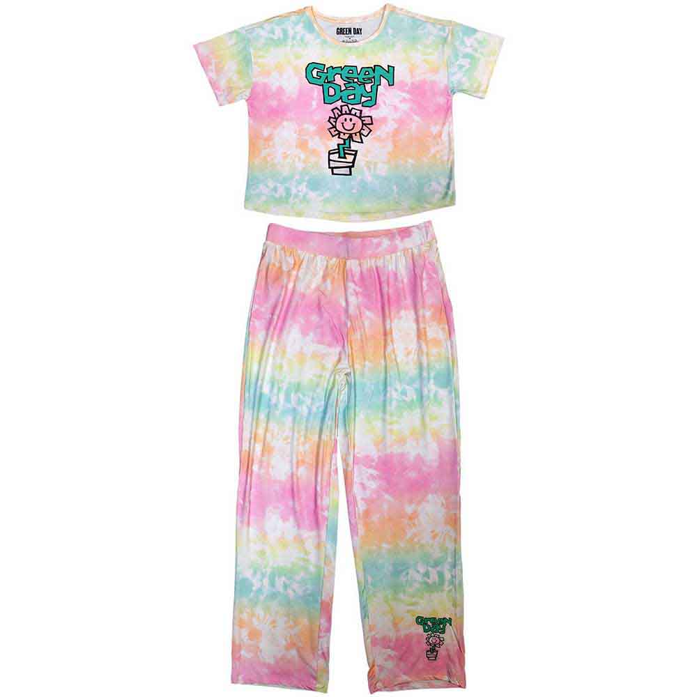 Ladies' Green Day pyjama set featuring a flower pot graphic on a medium top.