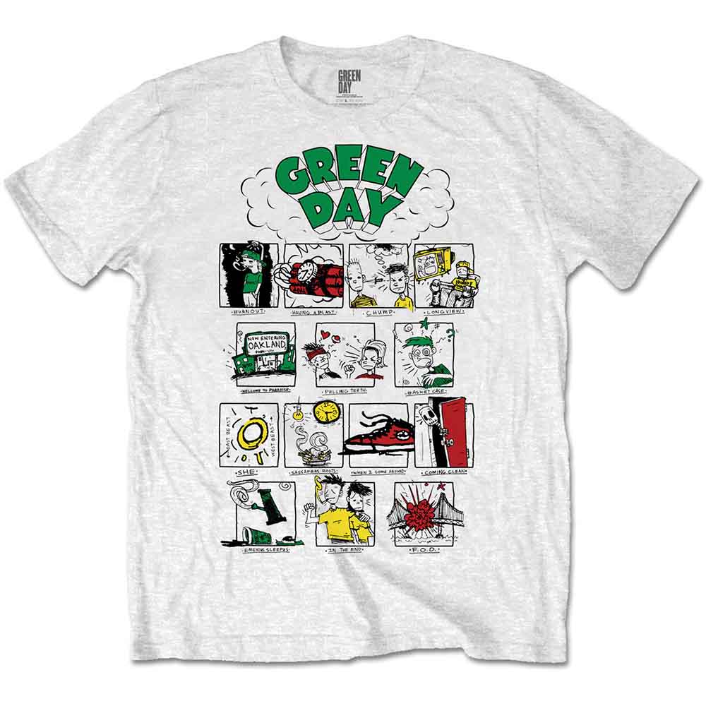 A man wearing a white t-shirt featuring a Green Day Dookie album cover collage.