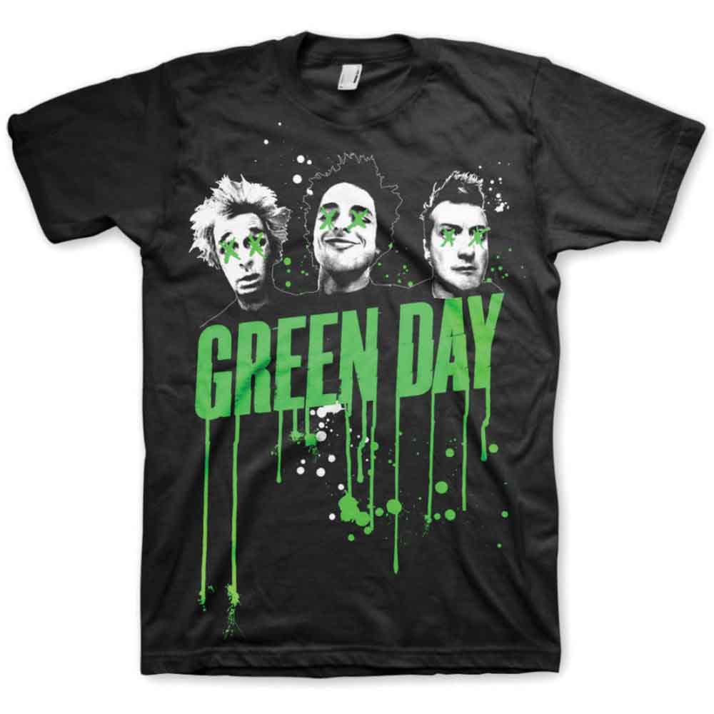 Black t-shirt with a green and white Green Day band graphic.