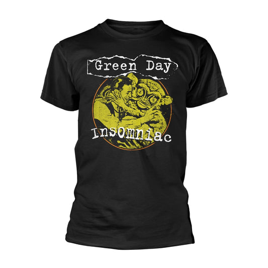 Black t-shirt with a yellow and black Green Day "Insomniac" graphic.