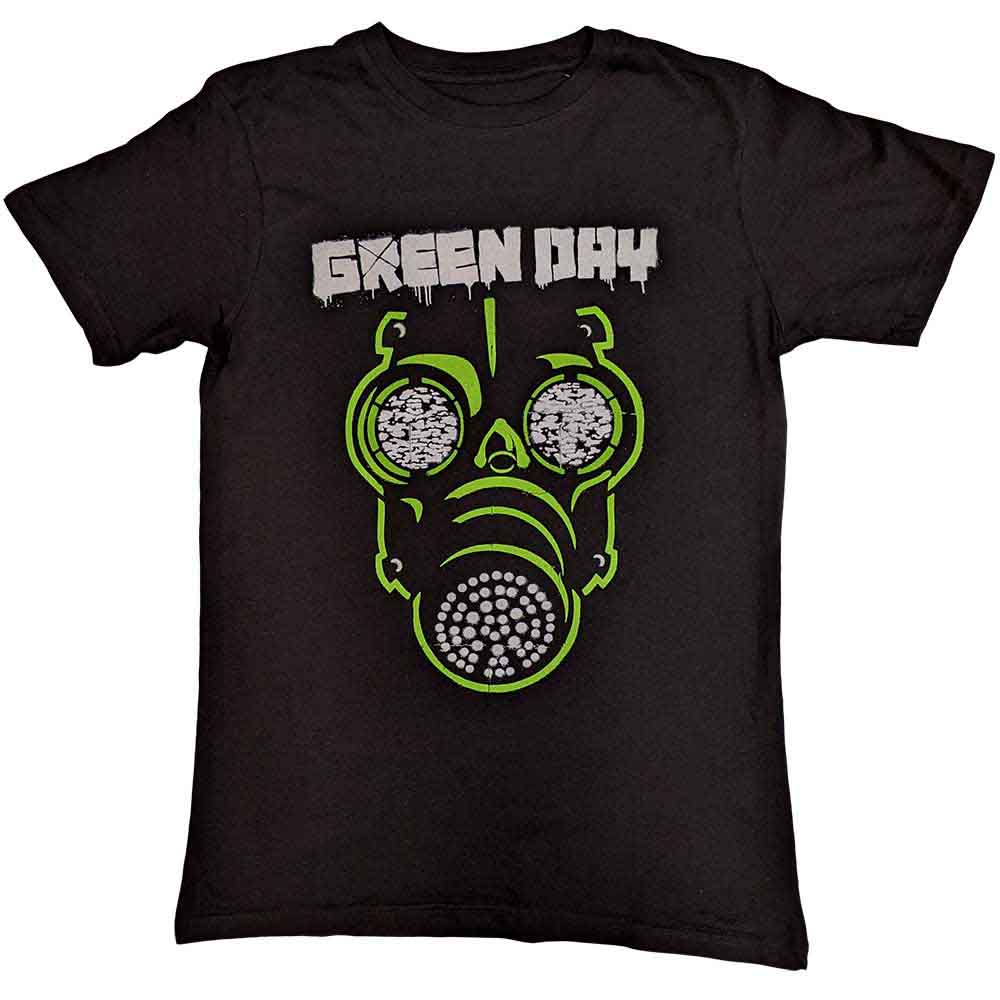 Black t-shirt with a green gas mask graphic and "Green Day" text.
