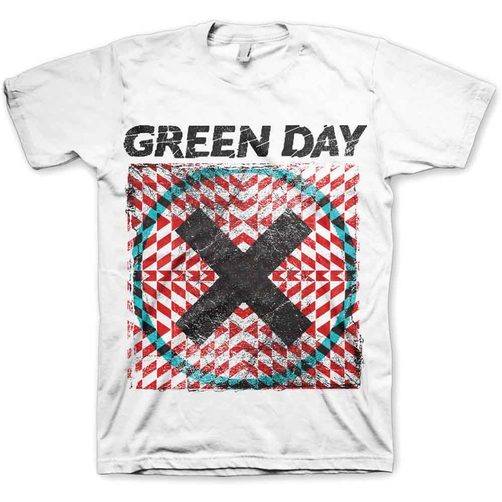 White t-shirt with colorful geometric “Green Day” graphic, worn by a man.
