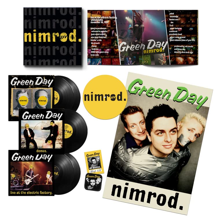 Green Day's "Nimrod" vinyl record, album art, and band photo collage.
