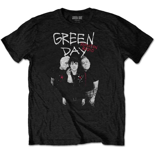 Black Green Day t-shirt with band logo and member illustration.