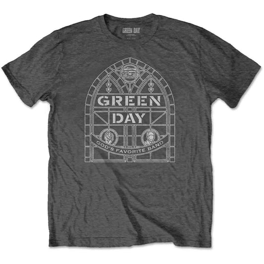 Charcoal grey t-shirt with white stained glass Green Day logo.