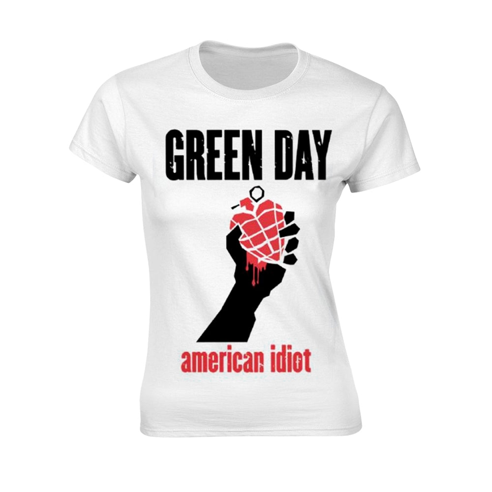 White women's t-shirt with black and red "Green Day" and heart graphic.