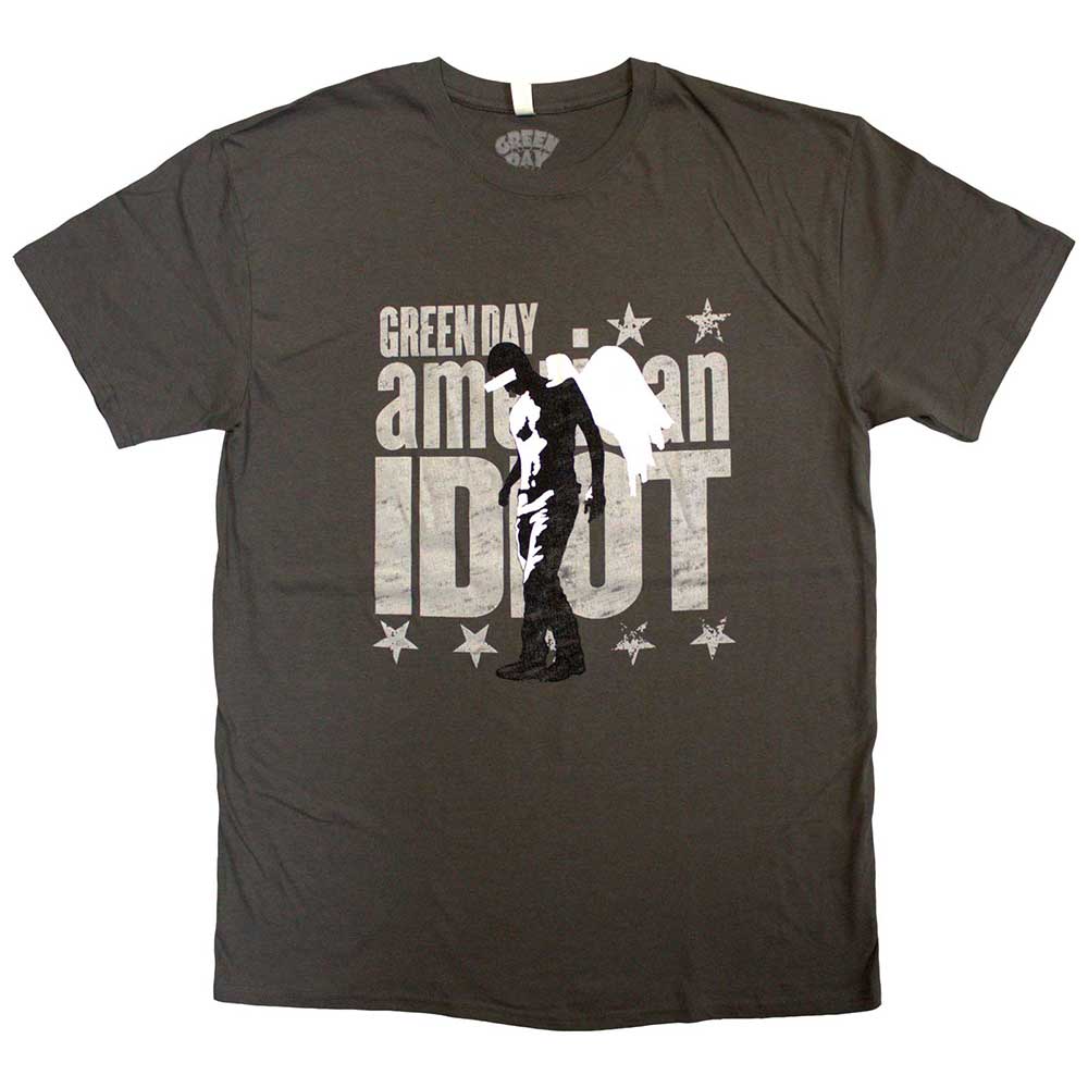Large black t-shirt with a Green Day "American Idiot" angel graphic design.