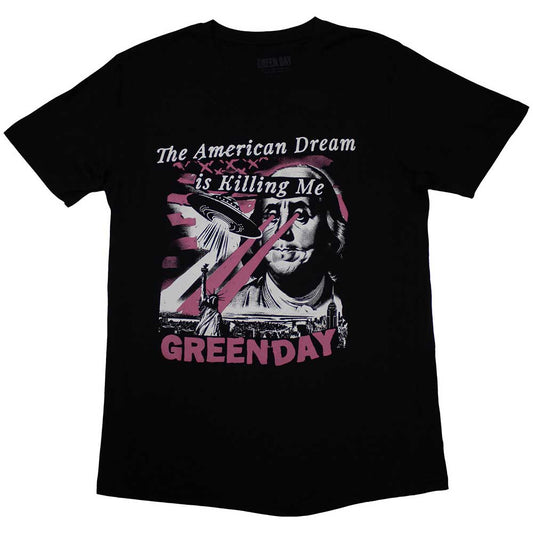 Large, washed green t-shirt featuring Green Day’s “American Dream” album artwork.