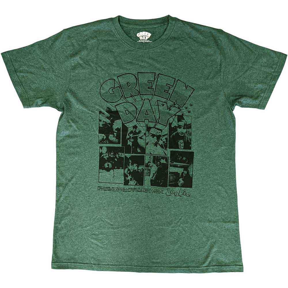 Dark green t-shirt with “Green Day” and comic panel graphics.