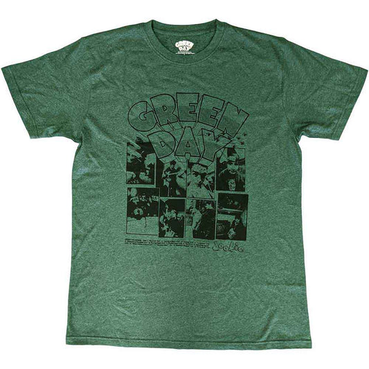 Dark green t-shirt with “Green Day” and comic panel graphics.