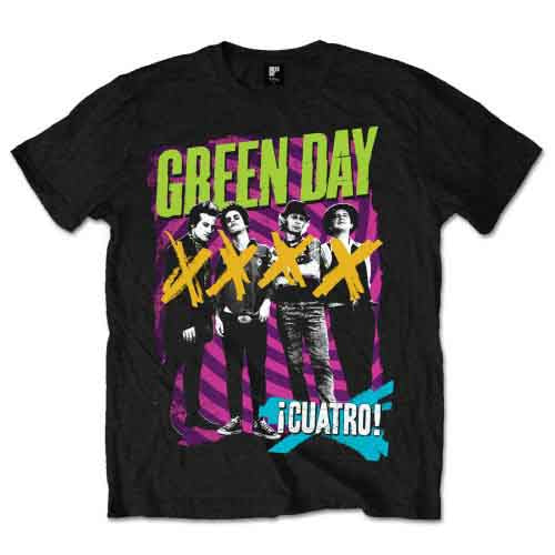Black t-shirt with Green Day band graphic and "Cuatro!" text.