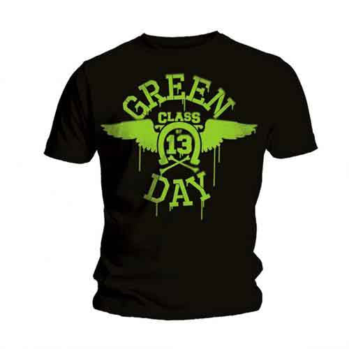 Black t-shirt with green “Green Day” text and wing design.