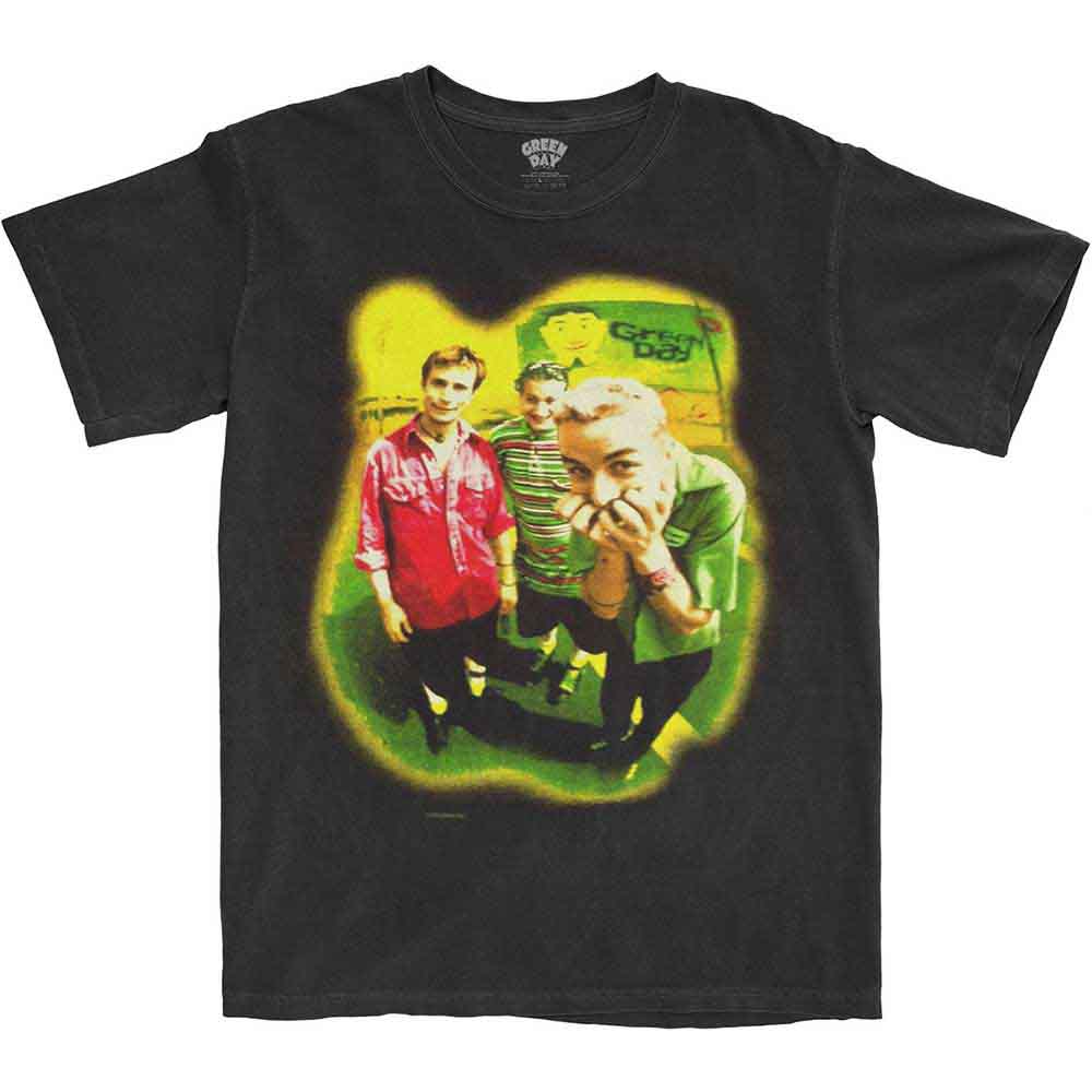 Large green t-shirt with a neon-colored photo of the band Green Day.