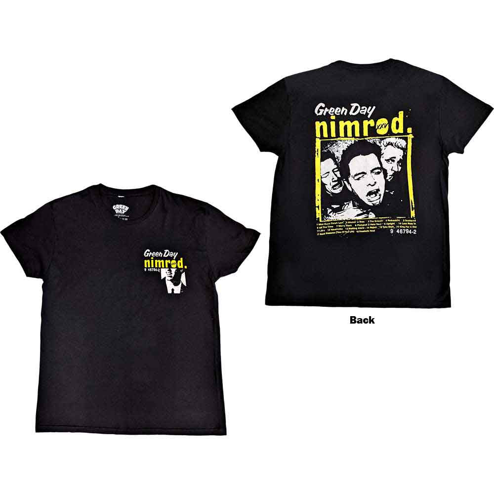 Black unisex XX-large Green Day t-shirt featuring a Nimrod logo print on the chest.