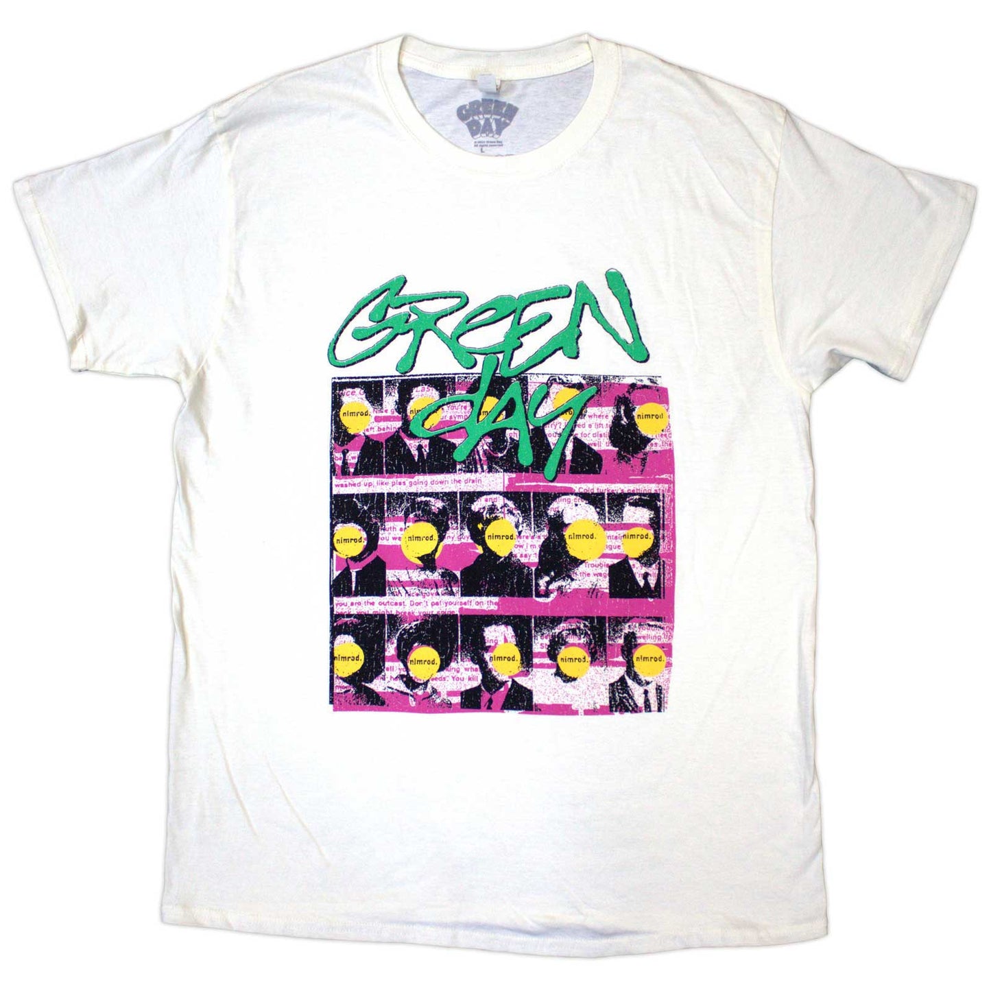 Black unisex t-shirt featuring the Green Day Nimrod album cover mugshots graphic.