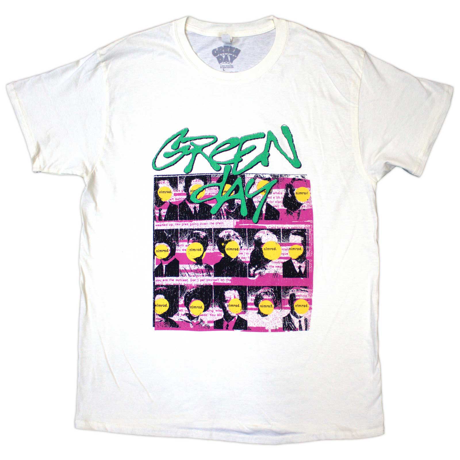 Black unisex t-shirt featuring the Green Day Nimrod album cover mugshots graphic.